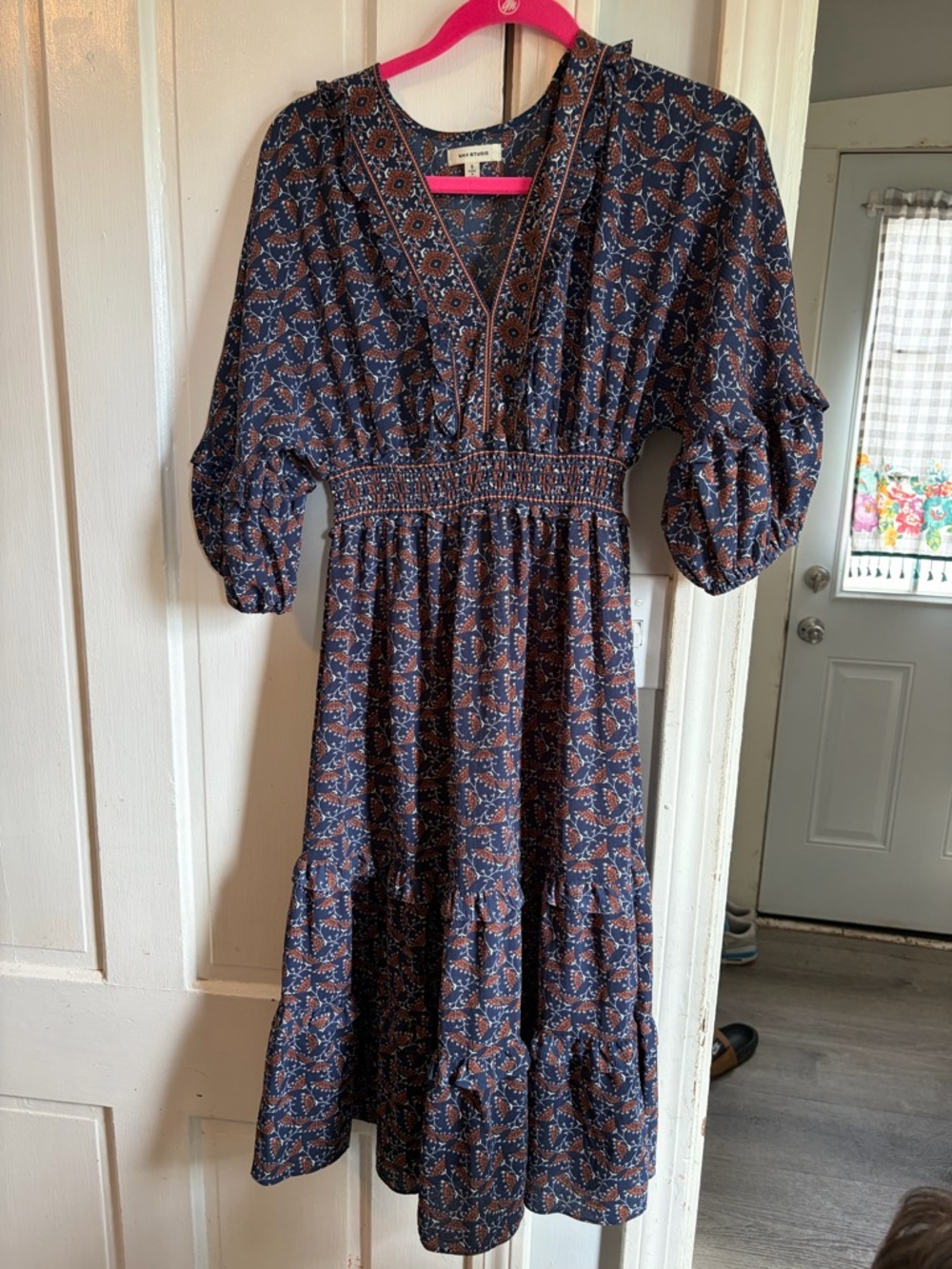 Smocked Waist Navy Floral Midi Dress with V-Neck